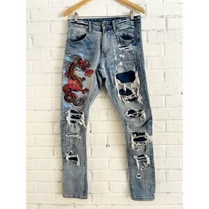 Smoke Rise Men’s 30x32 Distressed Dragon Embroidered Jeans Y2K Streetwear Grunge